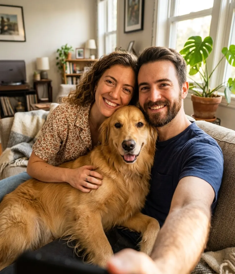 Casal sorrindo com o cachorro no sofá