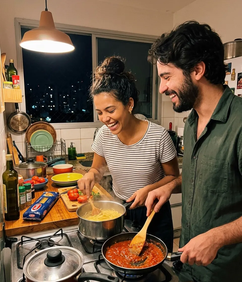 Casal cozinhando junto à noite